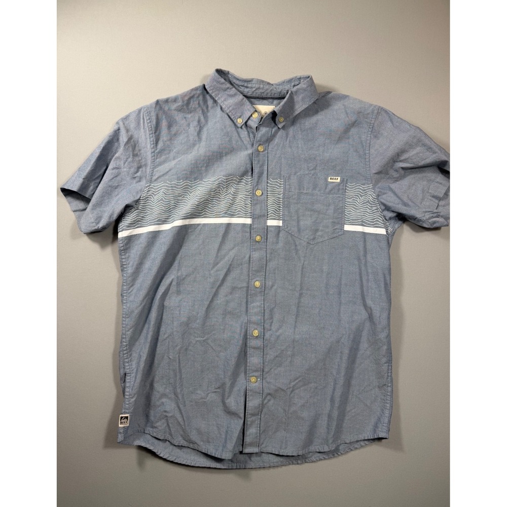 Reef Mens Short Sleeve Button Down Shirt Blue Wave Graphic Surf Casual Small